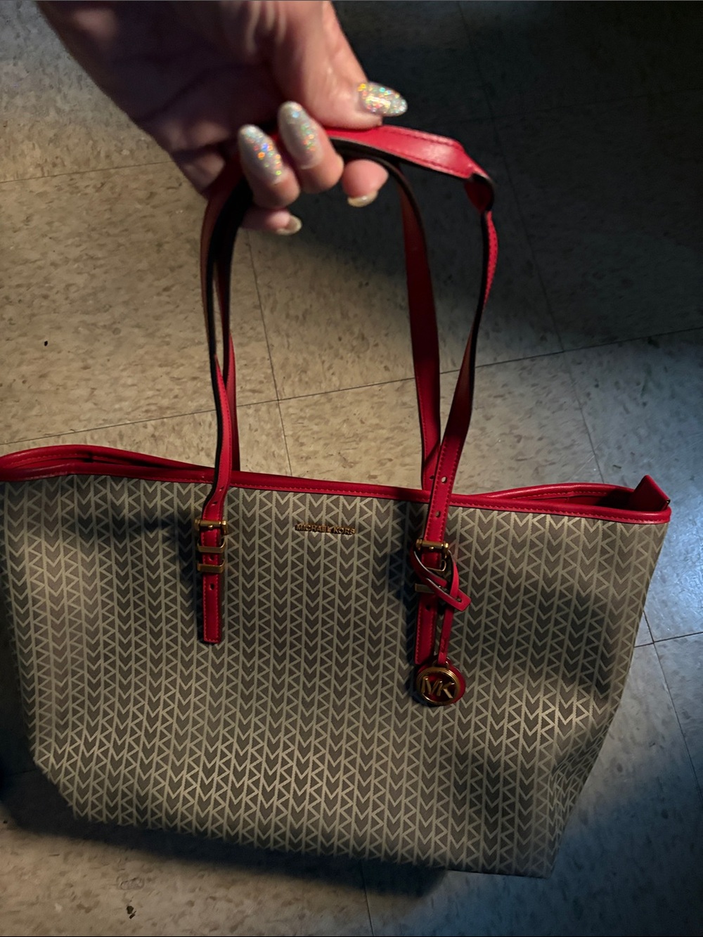 Michael Kors Gray Signature Tote with Red Trim